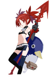 Rule 34 | 1girl, absurdres, black choker, black gloves, black skirt, black thighhighs, blush stickers, choker, demon girl, demon tail, disgaea, elbow gloves, elder spear, etna (disgaea), fang, flat chest, foot out of frame, gloves, highres, holding, holding polearm, holding weapon, kokaki mumose, looking at viewer, medium hair, miniskirt, navel, open mouth, pointy ears, polearm, prinny, red eyes, red hair, simple background, skirt, smile, solo, tail, thighhighs, twintails, weapon, white background