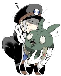 Rule 34 | 1boy, black eyes, black headwear, black jacket, blue neckwear, blush, blush stickers, bug, carrying, constricted pupils, creatures (company), drooling, fly, game freak, gen 5 pokemon, gloves, grey eyes, grey hair, half-closed eyes, hands up, hat, holding, ingo (pokemon), insect, jacket, japanese text, long sleeves, looking at another, looking up, male focus, minashirazu, necktie, nintendo, open mouth, peaked cap, pokemon, pokemon (creature), pokemon bw, saliva, sharp teeth, shirt, simple background, speech bubble, sweat, teeth, translation request, trubbish, upper body, white background, white gloves, white shirt