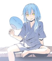 Rule 34 | 1other, arm support, barefoot, blue hair, collarbone, hair between eyes, hair over shoulder, hand fan, holding, holding fan, long hair, looking at viewer, mizuki riko, other focus, paper fan, rimuru tempest, shorts, sitting, sketch, spread legs, striped, tensei shitara slime datta ken, uchiwa, white background, yellow eyes