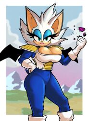 Rule 34 | absurdres, alternate costume, animal ears, armor, bat ears, blue bodysuit, bodysuit, breasts, cleavage, cosplay, furry, furry female, gloves, green eyes, hand on own hip, highres, huge breasts, looking at viewer, outside border, pauldrons, roboticsteve, rouge the bat, shoulder armor, solo, sonic (series), vegeta, vegeta (cosplay), white footwear, white gloves