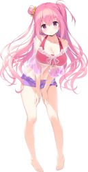 Rule 34 | 1girl, anneliese, asymmetrical hair, blush, breasts, cleavage, full body, hair bun, highres, kimagure temptation, kimishima ao, large breasts, leaning forward, long hair, looking at viewer, navel, official art, pink eyes, pink hair, see-through, short shorts, shorts, single hair bun, smile, solo, standing, star (symbol), star print, transparent background, two side up