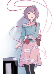 Rule 34 | 1girl, adapted costume, bag, belt, black pantyhose, blouse, cigarette, coin purse, contemporary, cowboy shot, hair ornament, hairband, handbag, heart, heart hair ornament, highres, kawayabug, komeiji satori, long sleeves, looking to the side, nail polish, off shoulder, pantyhose, parted lips, pink eyes, purple hair, red nails, shirt, short hair, simple background, skirt, smoking, solo, standing, third eye, touhou, watch, white background, wristwatch