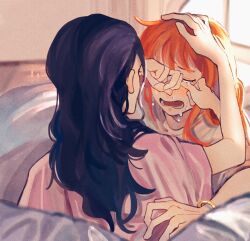Rule 34 | 2girls, black hair, closed eyes, crying, extra arms, hana hana no mi, hand on another&#039;s head, highres, indoors, lower teeth only, multiple girls, nami (one piece), nico robin, one piece, orange hair, parted lips, teeth, tongue, yingchencat, yuri