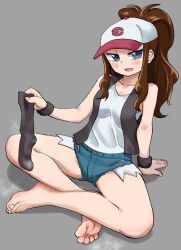 Rule 34 | 1girl, arm support, bare legs, barefoot, baseball cap, black vest, black wristband, blue eyes, blue shorts, brown hair, creatures (company), denim, denim shorts, exposed pocket, feet, game freak, grey background, hat, high ponytail, hilda (pokemon), holding, leaning back, legs, looking at viewer, nintendo, on ground, open mouth, poke ball print, pokemon, pokemon bw, ponytail, shadow, shirt, short shorts, shorts, sidelocks, simple background, sitting, sleeveless, sleeveless shirt, smell, solo, steaming body, toenails, toes, torn clothes, torn shorts, unworn socks, vest, white hat, white shirt, wristband, yuzu gin (pika97)