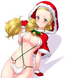 Rule 34 | 1girl, artist name, bell, bikini, blonde hair, blush, breasts, cameltoe, christmas, cleavage, closed mouth, dated, female focus, girls und panzer, gloves, green eyes, groin, hair ornament, hairband, highres, kuzuryuu kennosuke, large breasts, long hair, looking at viewer, navel, one-hour drawing challenge, ponytail, red gloves, red hood, sasaki akebi, shadow, simple background, slingshot swimsuit, smile, solo, standing, swimsuit, upper body, white background