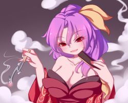 Rule 34 | 1girl, :d, absurdres, black background, blowing smoke, breasts, cleavage, dior-zi, gradient background, hair ribbon, highres, holding, holding smoking pipe, kiseru, komakusa sannyo, large breasts, long sleeves, looking at viewer, medium hair, nail polish, off shoulder, open mouth, ponytail, purple hair, red eyes, red nails, ribbon, smile, smoke, smoking pipe, solo, tobacco, touhou, upper body, v-shaped eyebrows, wide sleeves, yellow ribbon