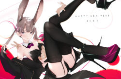 Rule 34 | 1girl, 2023, ama mitsuki, animal ears, bare shoulders, black panties, black thighhighs, blunt bangs, breasts, bridal gauntlets, brown eyes, brown hair, bustier, detached collar, extra ears, garter straps, happy new year, high heels, highres, jacket, looking at viewer, midriff, new year, open clothes, open jacket, original, panties, rabbit, rabbit ears, rabbit tail, skirt, small breasts, solo, strapless, tail, thighhighs, twintails, underwear