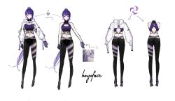 Rule 34 | 1girl, bare arms, bare shoulders, black pants, crop top, genshin impact, highres, leggings, long sleeves, looking at viewer, midriff, multiple views, navel, pants, purple eyes, purple hair, purple shirt, raiden shogun, shirt, shrug (clothing), sleeveless, sleeveless shirt, standing, stomach, xude