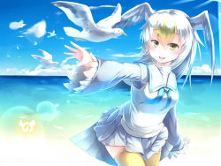 Rule 34 | 10s, 1girl, absurdres, beach, bird, bird tail, bird wings, blonde hair, blue hair, blue sky, cloud, commentary request, common gull (kemono friends), cowboy shot, day, frilled sleeves, frills, hand up, head wings, highres, japari symbol, kanzakietc, kemono friends, long hair, long sleeves, multicolored hair, neckerchief, ocean, outdoors, pleated skirt, sailor collar, sand, seagull, skirt, sky, solo, tail, thighhighs, turtleneck, white hair, wings, yellow thighhighs