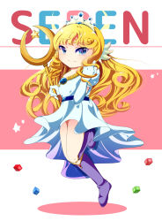 Rule 34 | 1girl, artist request, belt, blonde hair, blue eyes, boots, dress, facial mark, fairy, forehead mark, gloves, highres, intelligent systems, jewelry, knee boots, long hair, long skirt, necklace, nintendo, panel de pon, ringlets, seren, simple background, skirt, solo, staff, tiara, tsurime, very long hair, white dress