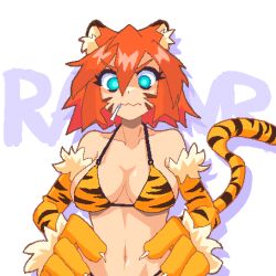 Rule 34 | 1girl, animal ears, animal print, bikini, blue eyes, breasts, closed mouth, collarbone, endless monday: dreams and deadlines, hands on own hips, hcnone, highres, large breasts, looking at viewer, navel, orange hair, original, pixel art, short hair, solo, swimsuit, tail, tiger-chan (hcnone), tiger ears, tiger girl, tiger print, tiger tail