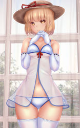 Rule 34 | 1girl, babydoll, blonde hair, breasts, breasts squeezed together, commentary request, cowboy shot, curtains, elbow gloves, gloves, hat, highres, kana anaberal, medium breasts, navel, panties, phantasmagoria of dim.dream, red ribbon, ribbon, ribbon trim, short hair, shounen (hogehoge), solo, thighhighs, touhou, touhou (pc-98), underwear, white gloves, white panties, white thighhighs, window, yellow eyes
