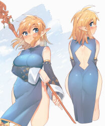 Rule 34 | 1girl, arm under breasts, ass, bare shoulders, blonde hair, blue eyes, blush, breasts, clothing cutout, dress, earrings, genderswap, genderswap (mtf), green dress, highres, holding, holding staff, jewelry, large breasts, link, medium hair, nintendo, no panties, pointy ears, shiny clothes, shiny skin, staff, stomach cutout, the legend of zelda, ttanuu., white background