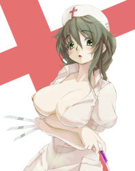 Rule 34 | 1girl, areola slip, breasts, cross, green eyes, green hair, hat, highres, large breasts, long hair, matching hair/eyes, nurse, nurse cap, open clothes, open mouth, original, scalpel, solo, syringe, teresa007