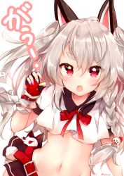 Rule 34 | 1girl, animal ears, azur lane, blush, bow, braid, breasts, crop top, fang, fingerless gloves, fukunoki tokuwa, gloves, hair between eyes, highres, husky, long hair, looking at viewer, microskirt, midriff, multicolored nails, nail polish, navel, no bra, open mouth, paw hair ornament, pleated skirt, red bow, red eyes, school uniform, short eyebrows, silver hair, skirt, solo, tail, two side up, underboob, yuudachi (azur lane)