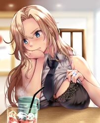 1girl black_bra black_necktie blonde_hair blush bra breasts chair cleavage closed_mouth clothes_lift collared_shirt cup drinking_glass drinking_straw grey_shirt hand_on_own_chin hand_on_own_face highres hornet_(kancolle) kantai_collection kuurunaitsu large_breasts lifting_own_clothes long_hair mug necktie presenting shirt shirt_lift sitting sleeveless sleeveless_shirt solo table underwear