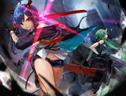 Rule 34 | 2girls, arknights, arm ribbon, arm scarf, bare shoulders, black shorts, blouse, building, ch&#039;en (arknights), city, cityscape, closed mouth, clothes around waist, commentary request, cowboy shot, dragon horns, dragon tail, dual wielding, fighting, fingerless gloves, from below, gloves, glowing, glowing sword, glowing weapon, green hair, holding, holding shield, holding sword, holding weapon, horns, hoshiguma (arknights), jacket, jacket around waist, multicolored neckwear, multiple girls, multiple swords, navel, neckwear request, nima (niru54), outdoors, ribbon, scabbard, sheath, shield, shin guards, shirt, short shorts, shorts, single horn, skin-covered horns, sky, skyscraper, sleeveless, sleeveless shirt, sword, tail, thighs, v-shaped eyebrows, weapon, white shirt
