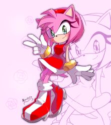 Rule 34 | 1girl, absurdres, amy rose, animal ears, animal nose, artist name, bare arms, bare shoulders, blush, boots, bracelet, breasts, dress, eyelashes, full body, furry, furry female, gloves, gold bracelet, green eyes, hairband, hand up, hedgehog, hedgehog ears, hedgehog girl, hedgehog tail, high heels, highres, jewelry, knee boots, looking at viewer, multicolored footwear, nin10ja, pink background, pink fur, pink theme, red dress, red hairband, short dress, signature, sleeveless, sleeveless dress, small breasts, smile, solo, sonic (series), sparkle, standing, tail, w, white gloves