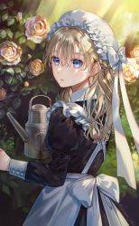 Rule 34 | 1girl, apron, back bow, black dress, blonde hair, blue eyes, bow, braid, bud, cross-laced clothes, day, dress, flower, frills, from behind, half updo, hat, highres, holding, juliet sleeves, long hair, long sleeves, looking at viewer, looking back, maid, maid apron, mob cap, nature, original, puffy sleeves, rose, rose bush, samo cha, solo, sunlight, upper body, watering can, white apron, white bow, white hat