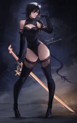 Rule 34 | 1girl, angel (halfheartxi), black hair, breasts, cleavage, demon horns, demon tail, final fantasy, final fantasy xiv, finger in own mouth, flower ornament, full body, greatsword, high heels, highres, horns, leotard, medium breasts, original, red eyes, short hair, small breasts, solo, standing, sword, tail, thighhighs, turtleneck, weapon