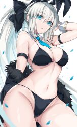 Rule 34 | 1girl, alternate costume, animal ears, arm strap, bare shoulders, bikini, black bikini, black hairband, blue eyes, breasts, commentary request, fake animal ears, fate/grand order, fate (series), gluteal fold, grey hair, hair ornament, hairband, highres, large breasts, long hair, looking at viewer, morgan le fay (fate), morizono shiki, navel, parted lips, ponytail, simple background, smile, solo, stomach, swimsuit, thighs, wrist cuffs
