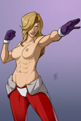 Rule 34 | 1girl, abs, blonde hair, blue eyes, breasts, clothes around waist, f-zero, gloves, hair over one eye, large breasts, long hair, monique l&#039;amoreaux, mx. moz, navel, nintendo, nipples, pilot suit, solo, toned, topless