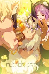 Rule 34 | 1girl, 2boys, asterios (fate), black horns, blonde hair, closed eyes, closed mouth, commentary request, dark-skinned male, dark skin, ear piercing, echo (circa), english text, euryale (fate), fate/grand order, fate (series), flower, green eyes, head wreath, headdress, horns, long hair, multiple boys, muscular, muscular male, open mouth, petals, piercing, pink flower, purple hair, smile, theseus (fate), twintails, white hair, yellow flower
