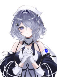 Rule 34 | 1girl, arknights, bare shoulders, black dress, commentary request, detached sleeves, dress, eyepatch, gloves, grey hair, hair intakes, long hair, long sleeves, looking at viewer, medical eyepatch, own hands together, parted lips, purple eyes, raramente, simple background, solo, upper body, very long hair, whisperain (arknights), white background, white gloves, white headwear