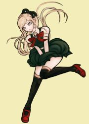 Rule 34 | 1girl, :o, black thighhighs, blonde hair, bow, braid, collared shirt, commentary, commission, danganronpa (series), danganronpa 2: goodbye despair, dress, dress tug, floating hair, foot up, full body, green dress, ktokei (kurokku-tokei), long hair, looking down, mary janes, official style, open mouth, over-kneehighs, puffy short sleeves, puffy sleeves, red bow, red footwear, red neckwear, shirt, shoes, short sleeves, simple background, sitting, skirt, solo, sonia nevermind, teeth, thighhighs, upper teeth only, v arms, yellow background