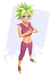 Rule 34 | 10s, 1girl, :d, absurdres, blue eyes, blush, boots, breasts, collarbone, crop top, dragon ball, dragon ball super, earrings, fist in hand, fusion, green hair, gu li, highres, jewelry, kefla (dragon ball), looking at viewer, medium breasts, navel, open mouth, parted bangs, potara earrings, short hair, smile, solo, spiked hair, super saiyan, tank top, vambraces
