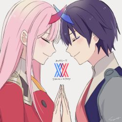 Rule 34 | 10s, 1boy, 1girl, black hair, blue horns, blush, closed eyes, commentary request, couple, darling in the franxx, face-to-face, facing another, forehead-to-forehead, hair ornament, hairband, heads together, hetero, hiro (darling in the franxx), horns, long hair, looking at another, military, military uniform, necktie, oni horns, orange neckwear, pink hair, red horns, red neckwear, short hair, signature, spoilers, suyamii, uniform, white hairband, zero two (darling in the franxx)