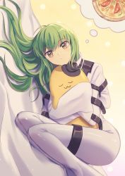 Rule 34 | 1girl, bed sheet, black hat, bodysuit, c.c., cheese-kun, closed mouth, code geass, food, green hair, hair between eyes, hat, long hair, lying, mini hat, nanase (nns 6077), on side, pizza, shiny clothes, sleeves past fingers, sleeves past wrists, solo, thought bubble, white bodysuit, yellow eyes