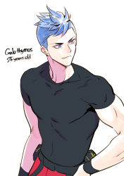 Rule 34 | 1boy, aged up, alternate hair length, alternate hairstyle, asymmetrical hair, bhh4321, black shirt, blue eyes, blue hair, galo thymos, highres, looking to the side, male focus, promare, shirt, sidecut, simple background, skin tight, smile, solo, undercut, white background