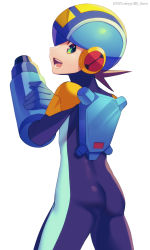 Rule 34 | 1boy, :d, arm cannon, artist name, ass, blue headwear, bodysuit, brown hair, commentary request, cowboy shot, dated, green eyes, helmet, highres, looking at viewer, looking back, male focus, mega man (series), mega man battle network, mega man battle network (series), megaman.exe, netnavi, open mouth, purple bodysuit, short hair, smile, solo, standing, teeth, twitter username, weapon, zero-go