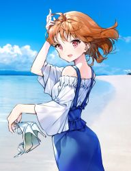 Rule 34 | 1girl, ahoge, arm up, beach, blue skirt, breasts, cloud, cloudy sky, commentary request, cowboy shot, day, eyelashes, floating hair, frilled shirt, frills, hand in own hair, hand on own head, hand up, high heels, highres, holding, holding shoes, looking at viewer, looking to the side, love live!, love live! school idol festival, love live! sunshine!!, ocean, off-shoulder shirt, off shoulder, open mouth, orange hair, outdoors, overall skirt, overalls, parasol, red eyes, sand, shirt, shoes, short hair, skirt, sky, smile, solo, stiletto heels, strappy heels, takami chika, takenoko no you, toeless footwear, umbrella, water, white footwear, white shirt, wide sleeves