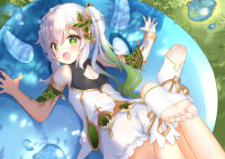Rule 34 | 1girl, ass, bare shoulders, bloomers, blush, dress, feet, from above, from behind, genshin impact, gradient hair, green eyes, green hair, hair ornament, highres, long hair, looking at viewer, looking back, lying, multicolored hair, nahida (genshin impact), on stomach, open mouth, ponytail, shiny skin, slime (genshin impact), underwear, white hair, yuetsu