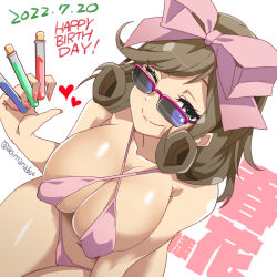 Rule 34 | 1girl, aoi manabu, bikini, breasts, brown hair, cleavage, commentary request, covered erect nipples, curly hair, dated, from above, glasses, green eyes, hair ribbon, happy birthday, haruka (senran kagura), holding, holding test tube, large breasts, looking at viewer, medium hair, navel, one eye closed, pink bikini, pink ribbon, ribbon, senran kagura, shiny skin, smile, solo, sunglasses, swimsuit, test tube, translation request, white background