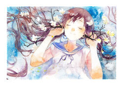 Rule 34 | 1girl, bare arms, blue background, blue sailor collar, border, bracelet, branch, brown hair, closed eyes, closed mouth, commentary request, dress, flower, jewelry, long hair, lying, moekon, original, painting (medium), sailor collar, school uniform, shirt, smile, solo, traditional media, twintails, upper body, watercolor (medium), white border, white flower, white shirt