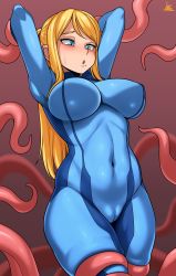 Rule 34 | 1girl, :o, absurdres, arms up, blonde hair, blue eyes, bodysuit, breasts, brown background, cameltoe, cleft of venus, commentary, covered navel, cowboy shot, english commentary, highres, imminent penetration, imminent tentacle, jmg, large breasts, long hair, looking away, looking down, metroid, metroid (classic), mole, mole under mouth, nintendo, ponytail, restrained, samus aran, shiny clothes, sidelocks, signature, skin tight, solo, sweatdrop, swept bangs, tentacles, zero suit