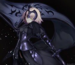 Rule 34 | &gt;:), 1girl, ahoge, armor, armored dress, black thighhighs, blonde hair, capelet, chain, cowboy shot, fate/grand order, fate (series), flag, gauntlets, headpiece, highres, holding, holding sword, holding weapon, jeanne d&#039;arc (fate), jeanne d&#039;arc alter (avenger) (fate), jeanne d&#039;arc alter (fate), looking at viewer, parted lips, platinum blonde hair, rerubixi, short hair, solo, sword, thighhighs, v-shaped eyebrows, weapon, yellow eyes