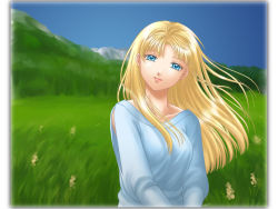 Rule 34 | 1girl, akemi (crusher), alfin, blonde hair, blue eyes, breasts, closed mouth, crusher joe, grass, long hair, looking at viewer, smile, solo