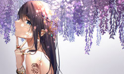 Rule 34 | 1girl, absurdres, bangle, bare shoulders, black hair, blue eyes, bracelet, braid, commentary request, dappled sunlight, drawing kanon, ear piercing, fingernails, flower, from side, gem, gradient background, hand up, highres, huge filesize, jewelry, long fingernails, long hair, looking at viewer, looking to the side, mixed-language commentary, nail polish, original, parted lips, piercing, portrait, purple flower, ring, shoulder tattoo, signature, solo, sunlight, tattoo, upper body, white nails, wisteria