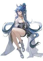 Rule 34 | 1girl, absurdres, arknights, bare legs, black gloves, black shorts, blue eyes, blue hair, boots, braid, breasts, coat, cup, detached collar, dragon girl, dragon horns, dragon tail, elbow gloves, full body, gloves, grey footwear, highres, holding, holding cup, horns, invisible chair, knee boots, large breasts, ling (arknights), long hair, long sleeves, looking at viewer, necktie, one eye closed, open clothes, open coat, parted lips, shirt, short shorts, shorts, simple background, sitting, tail, thighs, underbust, very long hair, white background, white coat, white shirt, yellow necktie