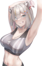 Rule 34 | 1girl, absurdres, animal ear fluff, animal ears, arm behind head, armpits, breasts, collarbone, commentary, dog tags, ear piercing, eyes visible through hair, grey eyes, grey hair, grey sports bra, grin, hair ornament, hair over one eye, hairclip, highres, hololive, kurumi tsuchi, large breasts, lion ears, lion girl, looking at viewer, multicolored hair, navel, parted lips, piercing, shishiro botan, shishiro botan (button-down), short hair, simple background, smile, solo, sports bra, standing, streaked hair, teeth, upper body, virtual youtuber, white background, x hair ornament
