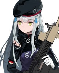 Rule 34 | 1girl, alchemaniac, assault rifle, beret, black hat, clothing cutout, commentary, english commentary, facial mark, girls&#039; frontline, gloves, green eyes, grey hair, gun, hair ornament, hairclip, hat, highres, hk416 (girls&#039; frontline), holding, holding gun, holding weapon, jacket, long hair, long sleeves, parted lips, rifle, shoulder cutout, simple background, solo, upper body, weapon, white background, white gloves