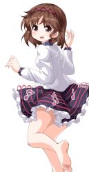 Rule 34 | 1girl, :d, bad id, bad twitter id, barefoot, beamed quavers, black skirt, blush, brown eyes, brown hair, feet, from behind, hairband, highres, long sleeves, looking at viewer, looking back, musical note, musical note print, open mouth, puffy long sleeves, puffy sleeves, ruu (tksymkw), shirt, short hair, simple background, skirt, smile, soles, solo, standing, standing on one leg, striped clothes, striped skirt, toes, touhou, tsukumo yatsuhashi, white background, white shirt