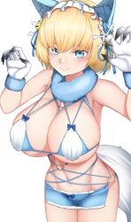 Rule 34 | 1girl, absurdres, animal ear fluff, animal ears, armpits, bare shoulders, bikini, bikini skirt, blonde hair, blue bikini, blue eyes, blue ribbon, blue skirt, breasts, claw pose, cleavage, closed mouth, collarbone, commentary, commission, cowboy shot, fake animal ears, fake tail, fur-trimmed bikini, fur-trimmed gloves, fur collar, fur trim, girls&#039; frontline, gloves, groin, hair between eyes, hair ornament, hair ribbon, hands up, heart o-ring, highres, large breasts, looking at viewer, navel, newbienoodles, no mole, official alternate costume, ribbon, short hair, sidelocks, simple background, skirt, smile, snowflake hair ornament, solo, standing, stomach, swimsuit, tail, vsk-94 (christmas eve detective) (girls&#039; frontline), vsk-94 (girls&#039; frontline), white background, white gloves, wolf ears, wolf tail