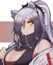 Rule 34 | 1girl, absurdres, animal ears, arknights, armpit peek, bad id, bad pixiv id, black scarf, black tank top, breasts, cat ears, cleavage, closed mouth, commentary, earpiece, earrings, expressionless, hair between eyes, hanenosaki, highres, jacket, jewelry, large breasts, long hair, looking at viewer, off shoulder, parted bangs, ponytail, scarf, schwarz (arknights), scrunchie, silver hair, solo, strap, tank top, upper body, white jacket, yellow eyes