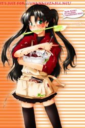 Rule 34 | 00s, 1girl, apron, black thighhighs, brown hair, cooking, fate/stay night, fate (series), green eyes, long hair, mouth hold, non-web source, skirt, sleeves pushed up, solo, spatula, thighhighs, tohsaka rin, zettai ryouiki