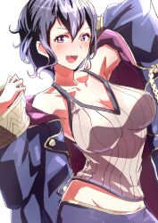 Rule 34 | 1girl, absurdres, aged up, alternate breast size, bare shoulders, black hair, breasts, fire emblem, fire emblem awakening, highres, hood, hood down, hooded robe, large breasts, looking at viewer, morgan (female) (fire emblem), morgan (fire emblem), nintendo, open mouth, purple eyes, robe, solo, to (tototo tk), upper body